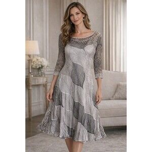Komarov Charmeuse Lace Midi Dress Womens XL Gray Leaf Print Pleated 3/4 Sleeve